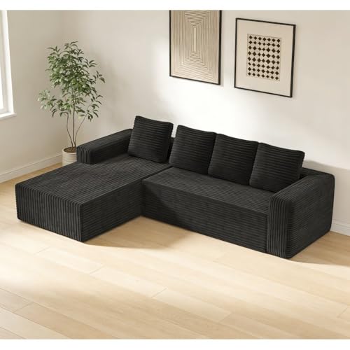 Sapgaks Sofá esquinero, sofá de 4 plazas, sofá de 3 plazas, sofá modular comprimido con chaise longue en forma de L, no requiere montaje (más pana negro)