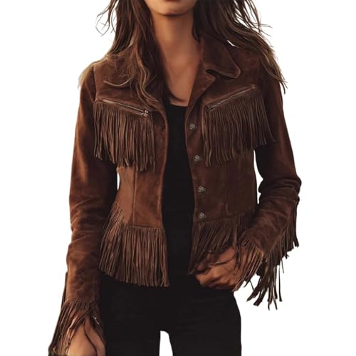 Generisch Chaqueta de piel para mujer, con flecos, ante con flecos, chaqueta de invierno hippie, vaquero, chaqueta corta de piel sintética, chaqueta de motorista, elegante, chaqueta de entretiempo