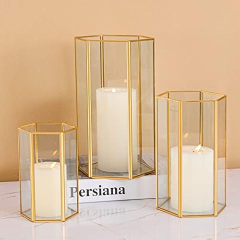 Glass Hurricane Candle Holder, Set of 3 Large Clear Hexagon Lanterns Pillar Candle Lantern with Gold Metal Frame Wedding Centerpiece Table Decor Home Decorations Cover