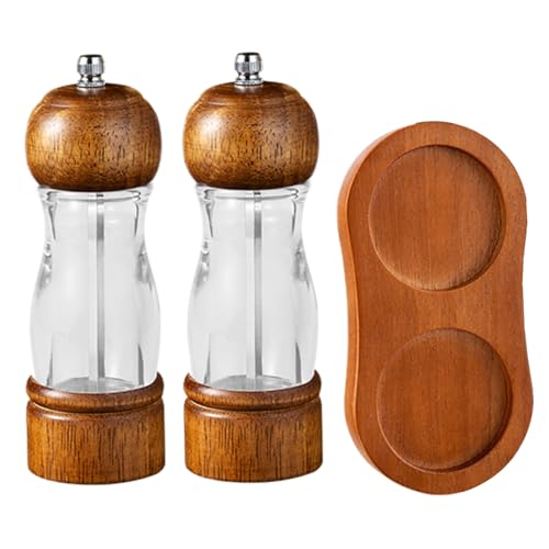 Grinder de pimienta, 2 piezas 6.3 molinillo de sal recargable con base, molinillo de molino de pimienta transparente con sales de madera ajustables y molinillo de pimienta para comino, pimienta,.