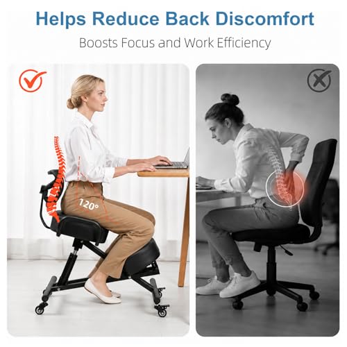 Image of Ergonomic Kneeling Chair with Back Support, Height Adjustable Stool for Home and Office, PU Kneeling Chair for Desk to Relieve Back Discomfort, Thick Moulded Foam Cushions Brake Casters