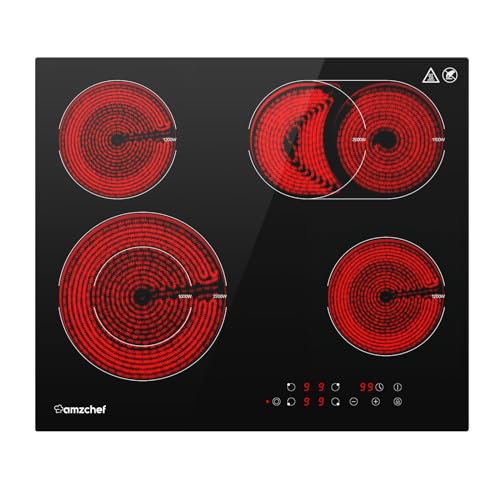 AMZCHEF glaskeramikkochfeld 60cm, herdplatte 4 kochfelder 6600W mit 9 Stufen, Dual-Zone und Bratzone, eingebautes Kochfeld mit Auto Shut-Off, Timer, Sicherheitsverriegelung
