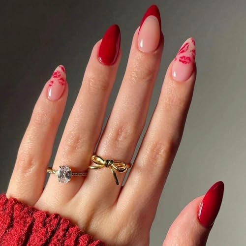 FJSMTOPl Valentines Day Press on Nails - Red Fake Nails - Almond False Nails Press ons - Lips Acrylic Glue on Nails - Artificial Stick on Nail for Women Manicure 24 Pcs