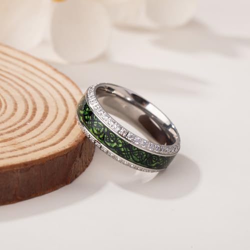 Mens Wedding Band with Celtic Dragon 8mm, Lightweight Titanium Ring with Green Carbon Fiber and White CZ, Dome Style, Comfort Fit Inner, Customizable, Gift for Birthday Anniversary, Size 7-124