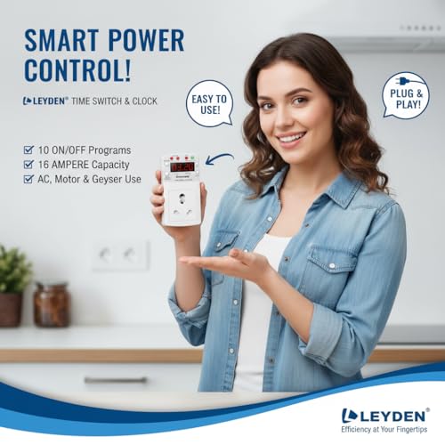 Image of LEYDEN TP-CLK 16A 220V AC Digital Real Time Clock Timer Plug Socket |Automatic ON Off Plug with 10 Programs Per Day | Heavy Duty Timer for Light, Water Pump, Motor, AC, Geyser (1)