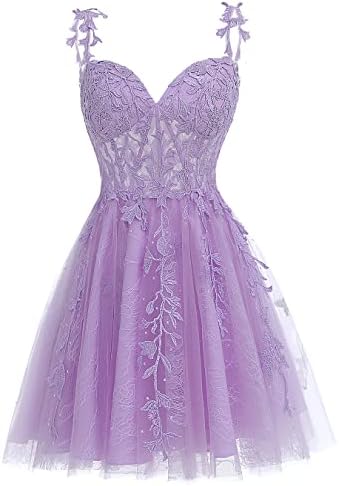 SYYS Women's Short Lace Applique Homecoming Dresses for Teen Girls 2022 Lilac Tulle Rhinestone Spaghetti Straps Homecoming Dress for Women 02