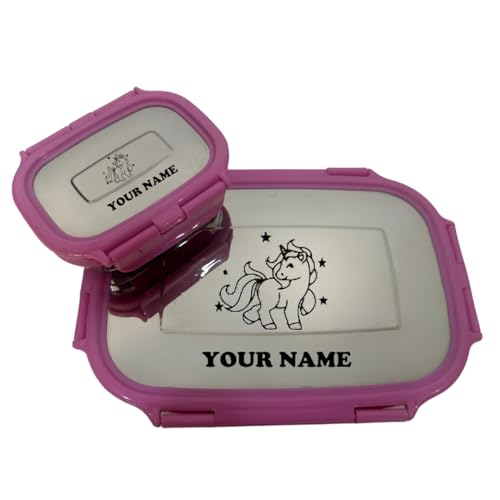 Image of ncgifts Stainless Steel Personalized Tiffin | Customized Lunch Boz with Name for Kids | Personalized Tiffin Box | with Permanent Name Engrave and Cartoon | Birthday Gift, Return Gifts. (Pink), 900 ml