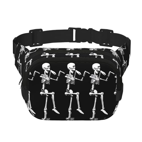 Halloween Posable Skeleton Skull Print Square Waist Purse Double Layer Fanny BagTrendy Viaggio Marsupio per uomini e donne, nero, Taglia unica
