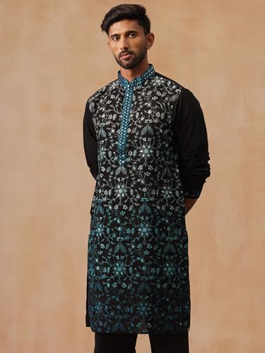Image of Jompers Men's Silk Blend Embroidered Kurtas (Peacock, L)