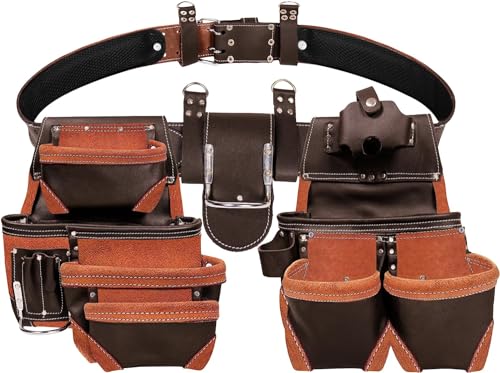 VIRTIONZ 19 Pocket Leather Tool Pouch Multipurpose Pockets Work Organizer Bag Framing Fat Lip Tool Holder for Carpenter, Construction, Handyman and Electrician Tool Bag Set (1belt)