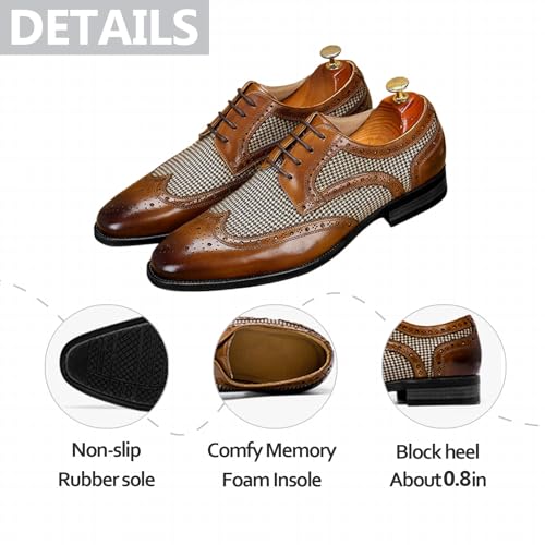 Mens Plaid Wingtip Oxfords Fashion Leather Round Toe Low Block Heel with Lace-Up Formal Brogues for Business Wedding Prom Work Daily3