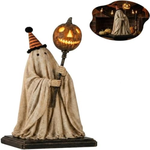 Lighted Vintage Ghost Figurine with Glowing Pumpkin Staff,Cute Halloween Ghost with Striped Party Hat Decorations,Cute Spooky Ghost Statue for Mantel Shelf Entryway Table Home Office image 4