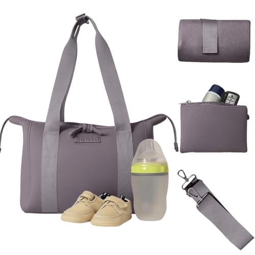 BUNSO Baby Diaper Bag Tote - Premium Neoprene Baby Diaper Bag with Portable Changing Pad & Pouch - Lightweight and Water-Resistant Diaper Bags - 12 x 7 x 8 Inches - Mauve
