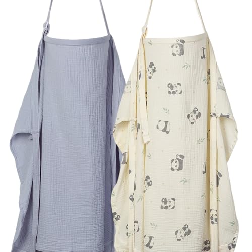 Image of ANYEDDE 2-Pack Muslin Nursing Covers for Breastfeeding - Breathable Breastfeeding Covers with Arch Neckline, Privacy Nursing Cover for Women and Baby, Gray & Panda