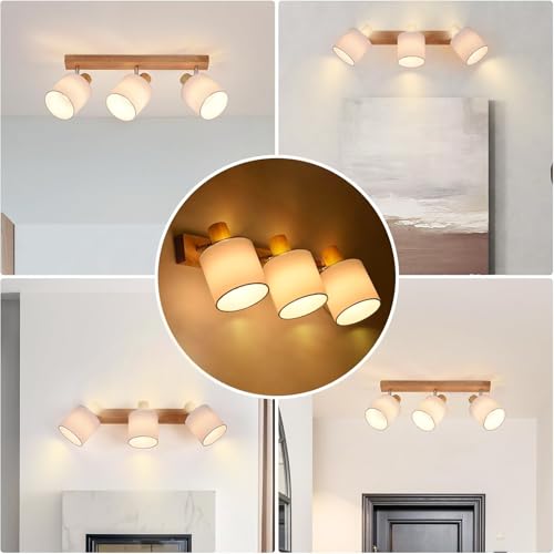 Glitzerlife Deckenlampe 3 Flammig Deckenstrahler Holz - LED Deckenleuchte Vintage Deckenspot E14 Boho Lampe Schwenkbar 350° Spot Retro für Schlafzimmer Küche Flur MAX.25W (ohne Leuchtmittel)