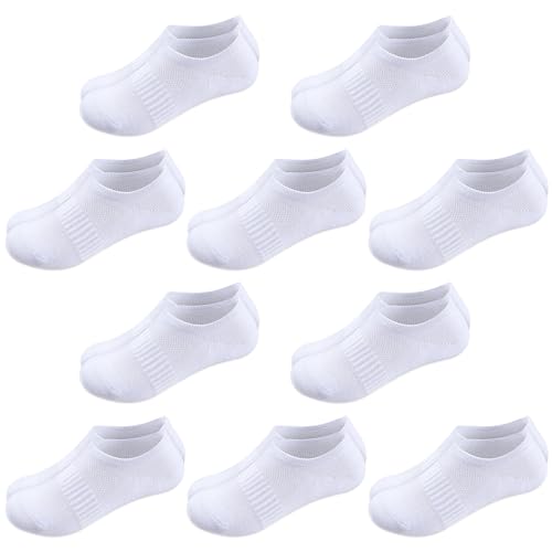 BOOPH 10 Pairs Kids Socks Boys Girls Athletic No Show Sock Full Cushioned Low Cut Running Socks White 6-8 Years