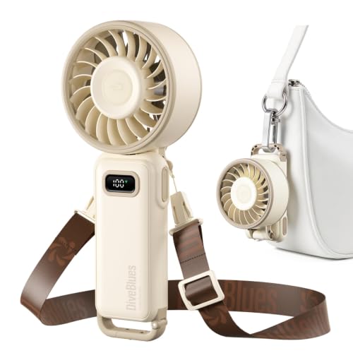 Image of Diveblues Portable Handheld Fan D6036 Cream | 7.4m /s High Speed Turbo, 180 Foldable 4-in-1, Personal Neck Fan with Carabiner Clip, 100 Speed Stepless Control