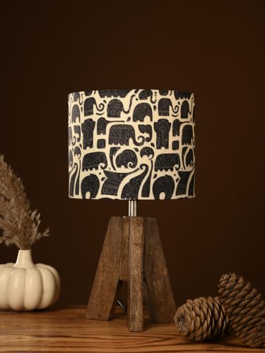 Image of Green Girgit Decorative Tri-Leg Stand Wooden Table Lamp with Black Elephant Multicolor Shade | Bedside & Reading Night Lamp for Bedroom, Living Room & Home Decor | Warm Ambient Light | 34.3 x 19.1 cm