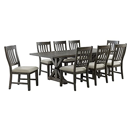 Sunset Trading Gray Trestle 8 Piece Dining Set | 96" Rectangular Extendable Table | 8 Upholstered Side Chairs | Distressed Wood | Seats 8, | 3 Size Expandable #TOP17