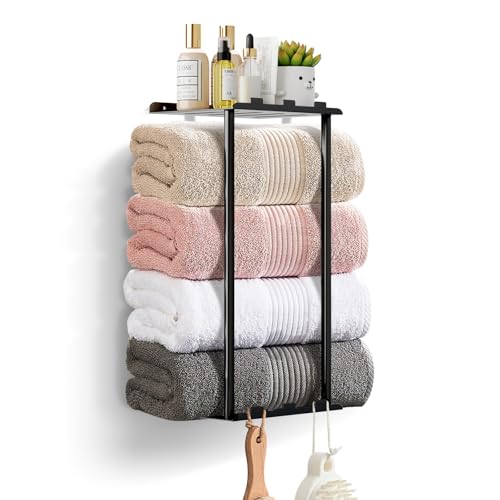 Towel Racks for Bathroom Towel Holder with Shelf & 6 Hooks,Space ...