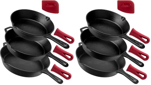 Image of Cuisinel Cast Iron Skillet Set - 8 inch + 10 inch + 12 inch-Inch Pre-Seasoned Frying Pans + Silicone Handle Grip Covers - Indoor /Outdoor, Oven, Grill, Stove, BBQ, Fire, Induction Safe Kitchen and Camping Cookware