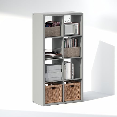Image of Furinno Cubicle Record Player Stand, 8-Cube Record Storage, Light Grey | Vinyl Storage, 1.2 inchInch Extra Thick, Open Back Media Shelf for CD DVD Bluray Game Disc, for Living Room, Home Office