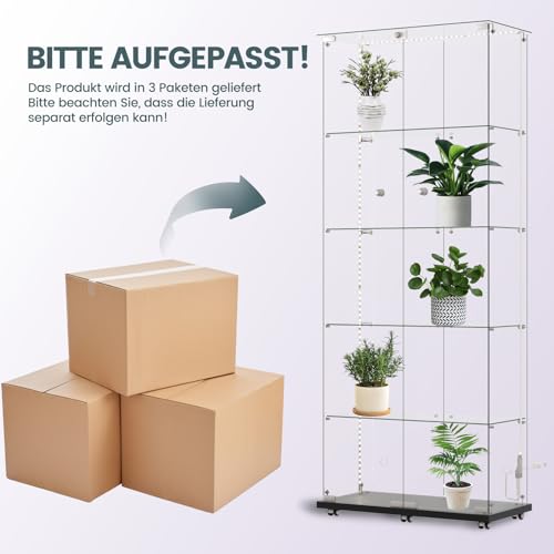Aplancee Glasvitrine Standvitrine Schwarze mit LED & Rollen- 5-stöckige 188.8 * 36.3 * 80.7cm rahmenlose Vollsicht Vitrine, höhenverstellbare Glasböden - Vitrinenschrank für Wohnzimmer, Büro, Buch