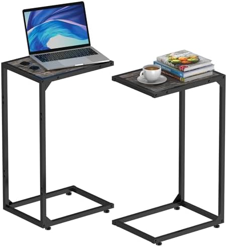 C Shaped End Table Living Room Set of 2 Tray Tables with Metal Frame for Small Spaces, Side Table for Couch Slide Under Sofa, Bedroom, Dark Gray