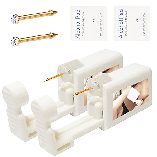 Anockm 2 Pack Self Nose Piercing Gun Nose Piercing Kit Unit Safety Disposable Nose Piercing Gun with Nose Stud Piercing Kit Tool for Cartilage Piercing Gun 20G Piercing Jewelry (Golden- White)