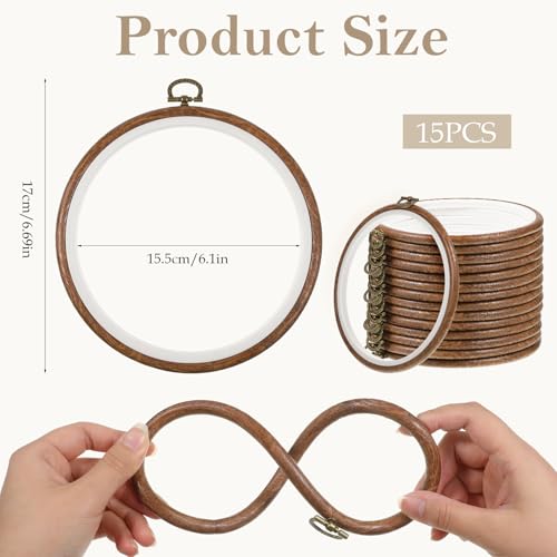 15Pcs 6 Inch Round Embroidery Hoops Frame, Circle Display Cross Stitch Hoop Frame Imitated Wood Embroidery Frames for Art Craft Handy Sewing Decoration - Image 3