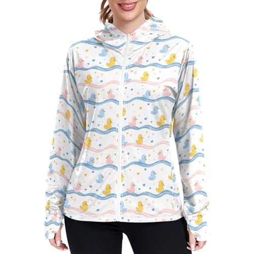 Cute Colored Ducks Waves Women Sun Protection Hoodie Jacket Lightweight Womens Zip Up Jackets UPF 50+