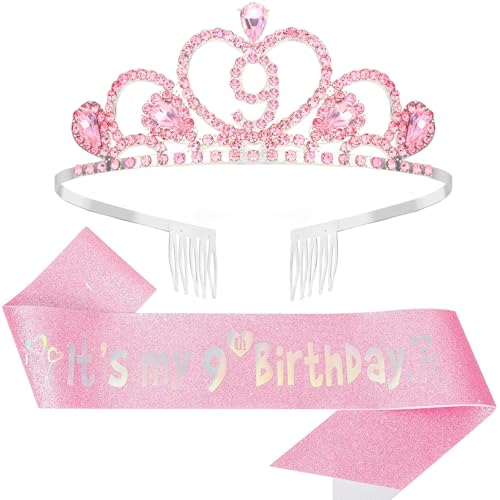 CIEHER 9th Birthday Decorations - 9th Birthday Crown and Sash with Pearl Pin Set - Pink