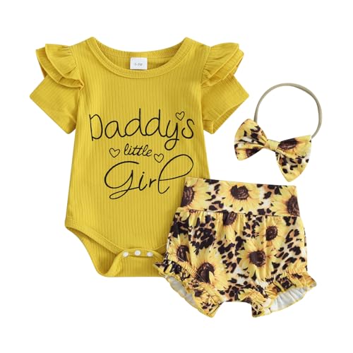 Ursobutegl Newborn Baby Girls Short Outfits Letter Ruffle Sleeve Ribbed Romper Sunflower Shorts Summer Clothing Set(Yellow-daddys little girl,0-3 Months)