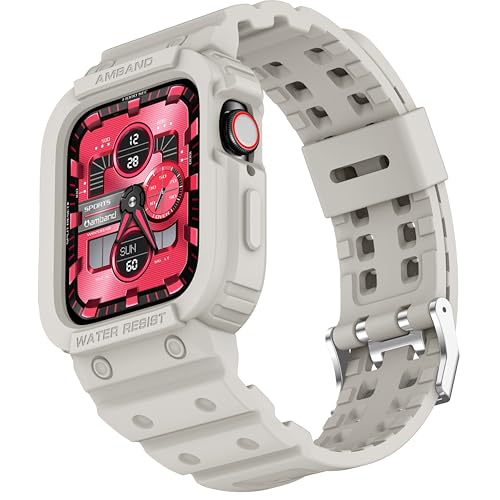 Image of amBand Compatible for Apple Watch Band 45mm 44mm 42mm with Bumper Case, Clear Cute Women Strap for iWatch SE 3 SE 2nd SE Series 9 8 7 6 5 4 3 2, Sport Jelly Protective Cases Protector, Sand White
