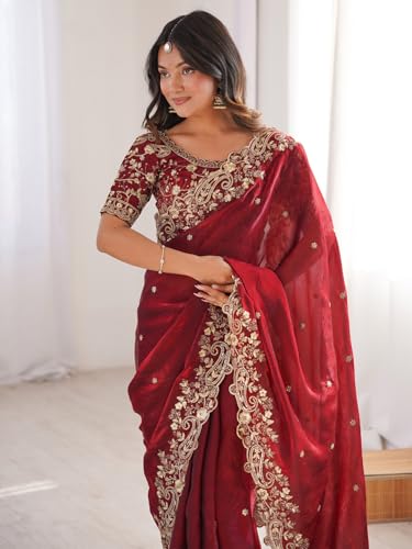 Image of AKHILAM Women's Shimmer Satin Sequence Embroidery Saree With Unstitched Blouse Piece(AARYAN21401 KR Parent)