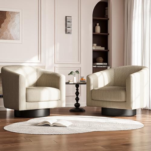 Buytime 360° Swivel Accent Chairs Set of 2, Modern Bucket Chair, Corduroy Barrel Armchair, Comfy Boucle Chair, Single Sofa for Living Room Bedroom. Camel