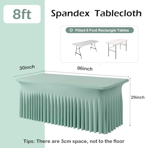 Image of NSSONBEN 2 pk Sage Green Spandex Tablecloth for 8 Foot Rectangle Tables,Wrinkle Free Fitted Spandex Table Covers 8ft Stretch Table Cloths with Ruffle Skirt for Parties Weddings Banquet Baby Shower
