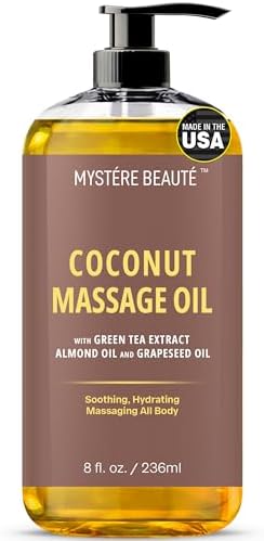 MYSTÉRE BEAUTÉ Coconut Massage Oil for Massage Therapy, Therapeutic Massage, Skin Hydrating & Revitalizing, Provides Soothing Relief, Aromatherapy Benefits, Excellent for All Skin Types - 8 fl oz
