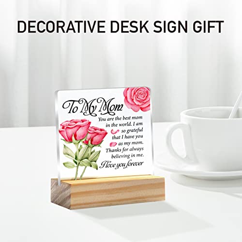 Mother Gift To My Mom I Love You Forever Quote Clear Desk Decorative Sign Keepsake Present Rose Floral Mom Acrylic Sign With Wooden Stand Desk Decor For Home Office #TOP4