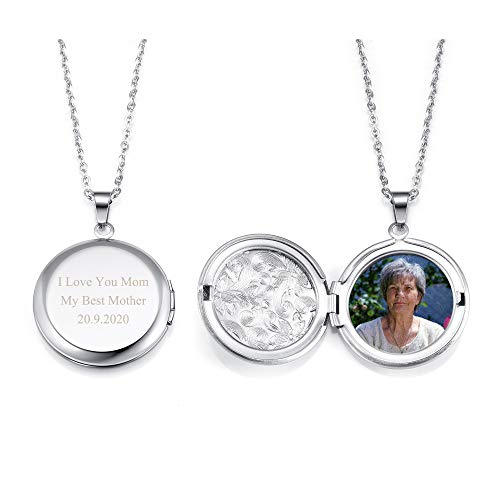 PiercingJak Bilder Medaillon zum öffnen Foto Kette mit Gravur Amulett Anhänger Blume Muster Edelstahl Halskette Personalisierte Geschenke für Damen Herren, Silber