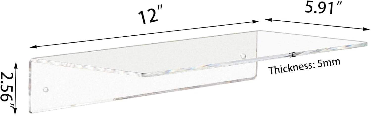 STUDIO whitenest L-Shaped Acrylic Floating Shelf 3 PCS | Clear Wall Mounted Shelves Invisible | 5mm Thick Shelf for Wall Storage | Shelves for Makeup/Photo/Book | Living Room & Office (12 Inch) 2