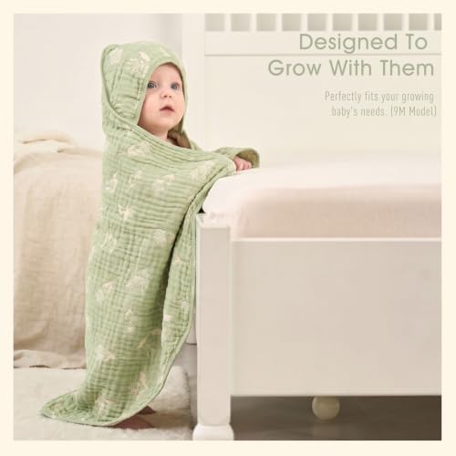 Image of Ultra-Soft Muslin Baby Hooded Towel - 32 x 32 Inches, Ideal for Bath & Beach, Suitable for Both Boys & Girls from Newborns to Toddlers (Sage Green Floral)