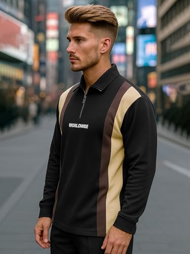 Image of Jump Cuts Mens Printed Polo Neck Half Zipper Full Sleeve Black & Beige Cotton Blend Polo T-Shirt for Men