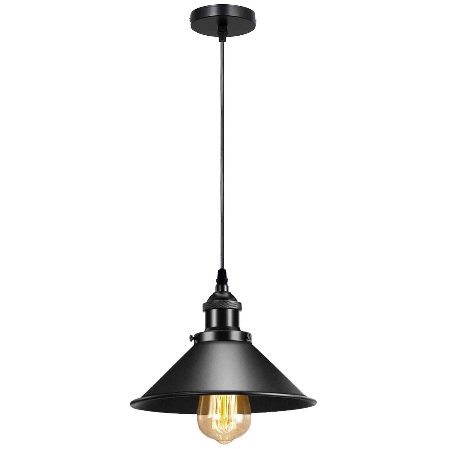 LEDSone Black Ceiling Pendant Light Fitting, Vintage 22cm Metal Cone Light Shade, Island Hanging E27 Bulb Holder, 100cm Adjustable Cable, 10cm Ceiling Rose for Kitchen Living Room Home