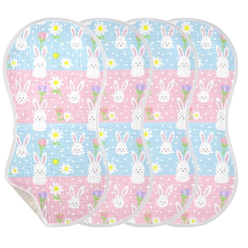 Cute Bunny Rabbits Muslin Burp Cloths 22x11 Inch - 4-Layer Organic Cotton & TPU Waterproof Lining, Absorbent Baby Bibs for Boys/Girls with Hanging Loop3