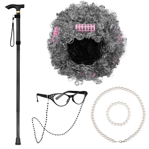 AOTHSO 6 Pieces Old Lady Wig Costume Set for Halloween Grandma Wig Granny Cane Hair Roller Glasses Necklace Bracelet