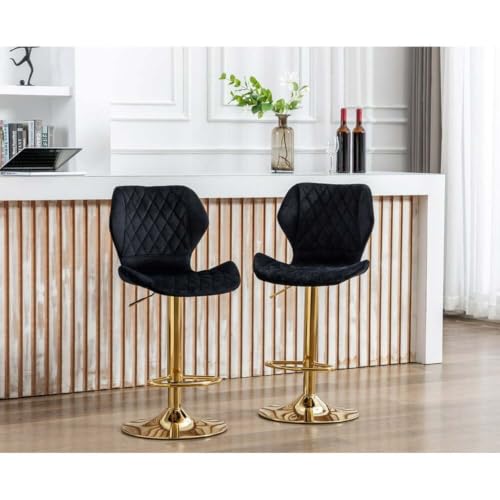 Image of Dream Furnishing - Set of 2 Bar /Kitchen Chairs 360 Degree Rotatable Swivel Elegant Classy & Comfortable Chair with Golden Base and Velvet Fabric (2 Chairs) (Black Model 2)