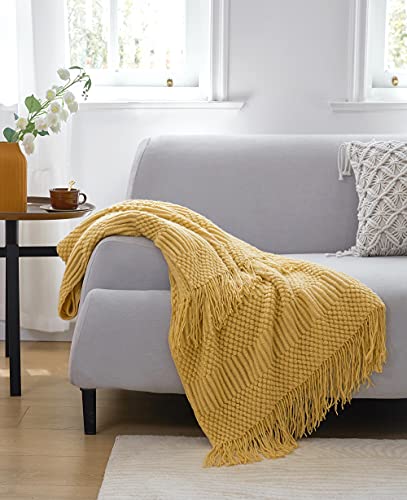 Fslead Mustard Throw Blanket For Couch 50 X 60 Inches - Knit Woven Summer Blankets, Cozy Lightweight Decorative Throw For Sofa, Bed And Living Room - All Seasons Suitable For Women, Men And Kids #TOP3