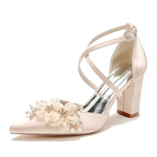 TarfiC Women's White Nude Wedding Shoes for Bride - High-Heel Pumps/Sandals with Pointed Toe, Pearl Accents, Satin Ideal for Prom, Party, & Bridal Dress