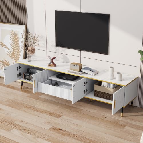 Merax Mueble de TV de 200 cm – Mueble bajo blanco con aspecto de mármol con detalles dorados, 1 cajón, 2 puertas, organizador de cables, para televisores de hasta 90 pulgadas – Mueble moderno para